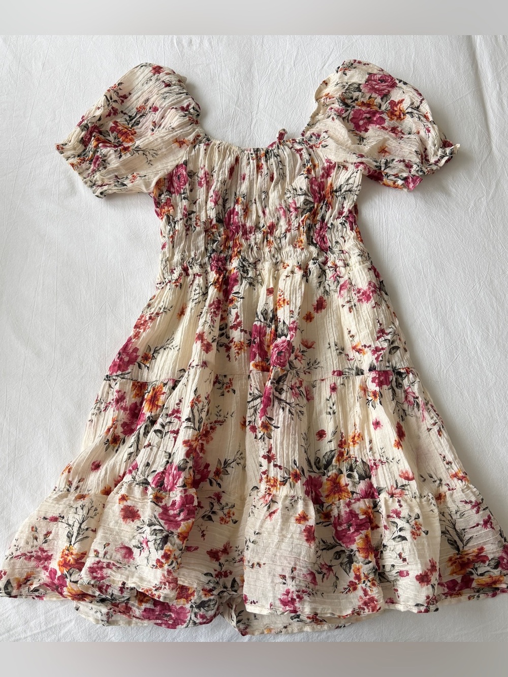 Cream Floral Puff-Sleeve Smocked Dress
